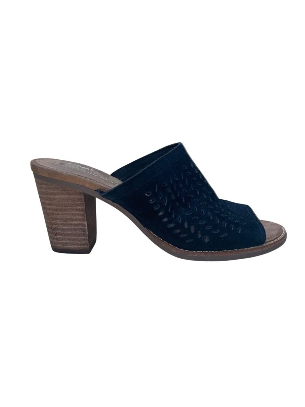 Toms Women’s Black & Brown Suede Laser-Cut Open-Toe Block Heel Sandals Size 7.5